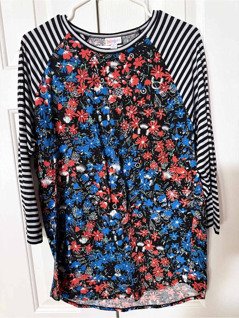 LuLaRoe “Randy” Black Floral Top with Red & Blue Flowers